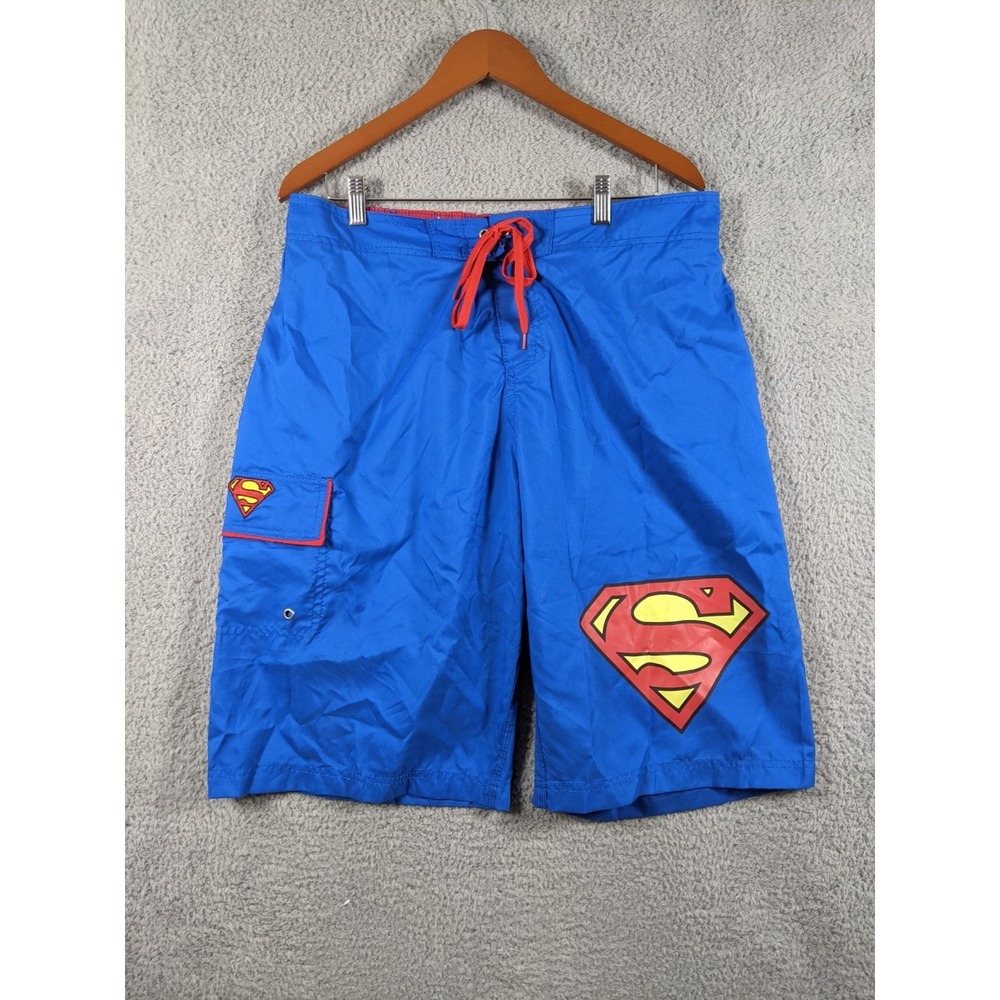 Superman Board Shorts Men XL Blue Mesh Lined Drawstring Waist Comics Beach Lake